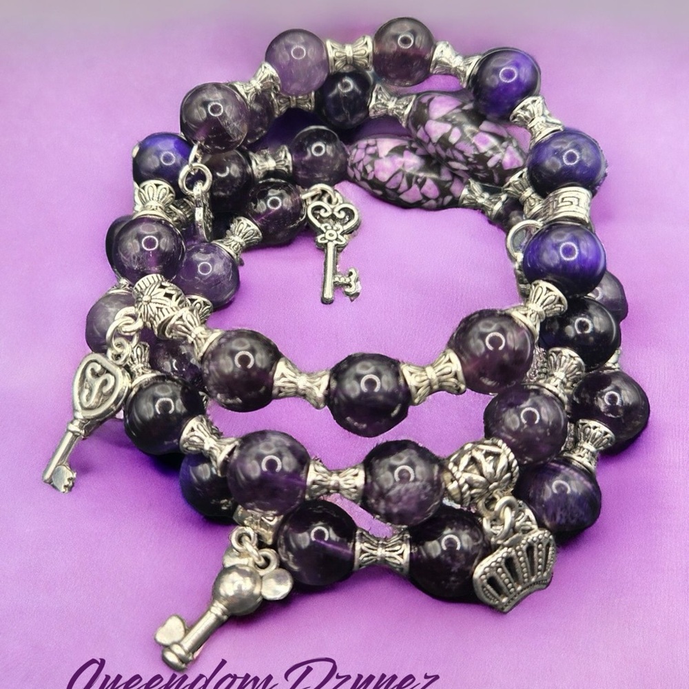 Purple 6mm beaded memory wire wrap bracelet